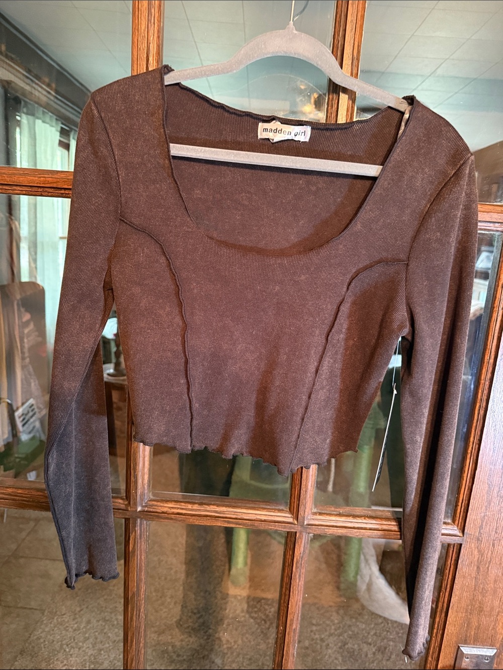 Madden‎ Girl Brown Mineral Wash Ribbed Square Neck Crop Top NWT Large